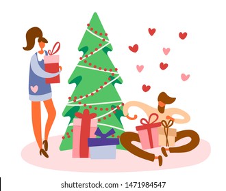 Flat cartoon bearded man sitting on floor near Christmas tree and opening gift box with bow and standing girl with a present preparing for winter holidays. Vector illustration, beige and blue colors.