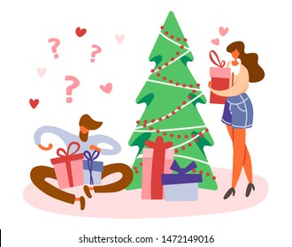 Flat cartoon bearded man sitting on floor near Christmas tree and opening gift box with bow and standing girl with a present preparing for winter holidays. Vector illustration, beige and blue colors.