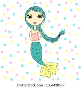 Flat cartoon beautiful blue-haired female mermaid. Colored vector illustration. Sea theme. In a modern style. Good for logo, emblem. Cute design, isolated object on background in polka dots.