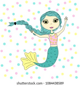 Flat cartoon beautiful blue-haired female mermaid. Colored vector illustration. Sea theme. In a modern style. Good for logo, emblem. Cute design, isolated object on background in polka dots.