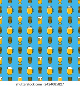 Flat Cartoon Beer Drinks and Wheat Seamless Pattern on Blue Background vector illustration