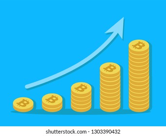 Flat cartoon bitcoin coin. Profit, benefits money or budget, rising graph arrow up, business success concept, economic and market growth, investment revenue, capital earnings. Vector illustration. 