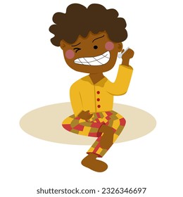 caricatura plana, niño negro con ropa amarilla En actividades para lavarte la cara, cepillarte los dientes, etc por la mañana.