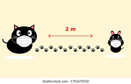 Flat cartoon black cat and rat wear white face medical mask and keep spacing to prevent disease outbreaks of covid-19. Concept social distancing.