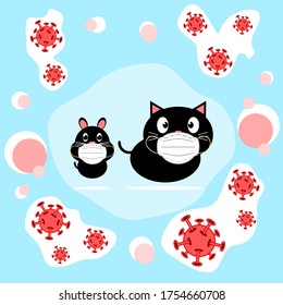 Flat cartoon black cat and rat wear white face medical mask to prevent disease outbreaks of red virus covid-19 on blue background, vector.