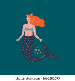 Flat cartoon boho hipster mermaid vector illustration, modern art