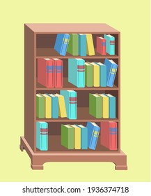 flat cartoon bookcase colorfull book. vector illustration. isometric.dimetric.bookshelf.bright color books.