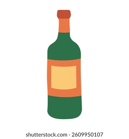 Flat cartoon bottle of wine with empty label. Cute summer doodle illustration for picnic and beverage theme.