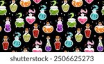 Flat cartoon bottles with magic potion. Alchemical drink in magic jars, flasks, elixir. Halloween witch drinks, star, love, ghost, pumpkin, zombie potions, poison and vampire blood.