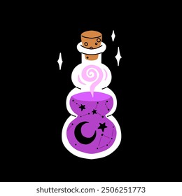 Botellas planas de dibujos animados con poción mágica. Bebida alquímica en frascos mágicos, frascos, elixir. Bebidas de brujas de Halloween, estrella, amor, fantasma, calabaza, pociones de zombi, veneno y sangre de vampiro.