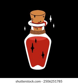 Botellas planas de dibujos animados con poción mágica. Bebida alquímica en frascos mágicos, frascos, elixir. Bebidas de brujas de Halloween, estrella, amor, fantasma, calabaza, pociones de zombi, veneno y sangre de vampiro.