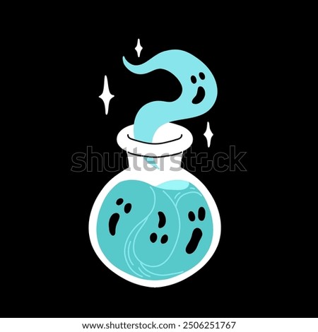 Flat cartoon bottles with magic potion. Alchemical drink in magic jars, flasks, elixir. Halloween witch drinks, star, love, ghost, pumpkin, zombie potions, poison and vampire blood.