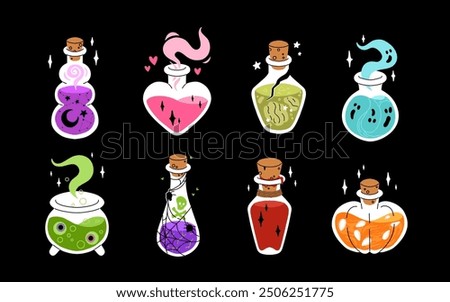 Flat cartoon bottles with magic potion. Alchemical drink in magic jars, flasks, elixir. Halloween witch drinks, star, love, ghost, pumpkin, zombie potions, poison and vampire blood.
