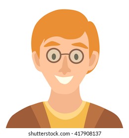 Flat cartoon boy vector icon. Man icon illustration. Scientist in glasses. Face of smart people. Young people head flat icons. Isolated avatar on white background