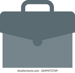 Flat cartoon briefcase icon in gray tones with a handle and flap, designed in a minimal style for business, office, or organizational content.