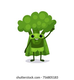 Flat cartoon broccoli character in superhero suit, standing and saying hello with hand up