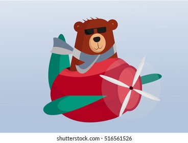 Flat cartoon brown bear wit scarf flying on airplane. Cute isolated christmas holiday character vector illustration