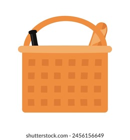 Flat cartoon brown tasty French picnic basket with a bottle of wine and bread icon