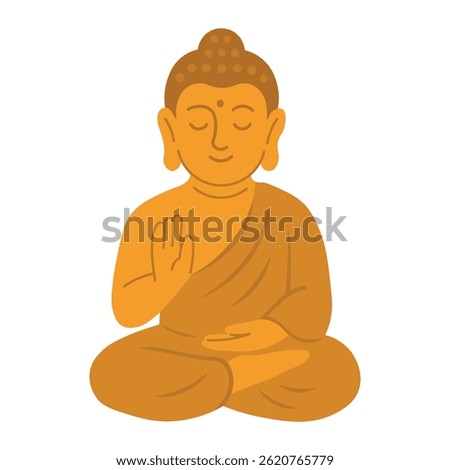 Flat cartoon Buddha in meditation pose with raised hand. Peaceful icon for yoga and spirituality themes.