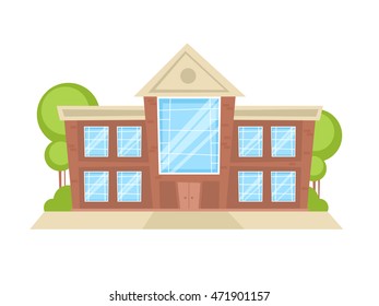 Flat cartoon building with trees and ground, isolated on white background