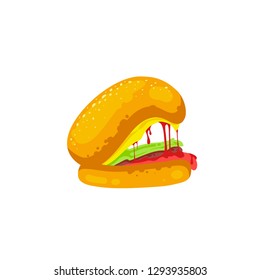 Flat cartoon burger with open mouth, vector illustration