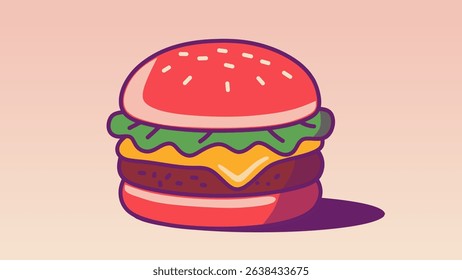Flat cartoon burger with sesame bun, double beef patty, melted cheese, and lettuce. Bright pop-art colors and bold outlines. Ideal for fast food ads, menus, stickers, or digital snack designs.
