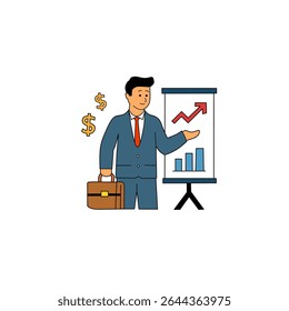 Flat cartoon businessman presenting a growing chart with dollar signs with white background, symbolizing business growth and financial success