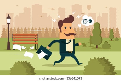Flat Cartoon Businessman Running to His Work. Big City Silhouette on the Background. Colorful Vector Illustration