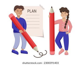 Flat cartoon busy characters students standing with big pencils. Learning, writing, planning concept. Effective daily planning and time management. Education or school vector illustration.