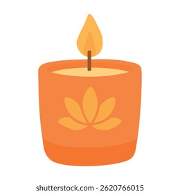 Flat cartoon candle in orange cup with lotus flower. Great for yoga, spa and wellness.