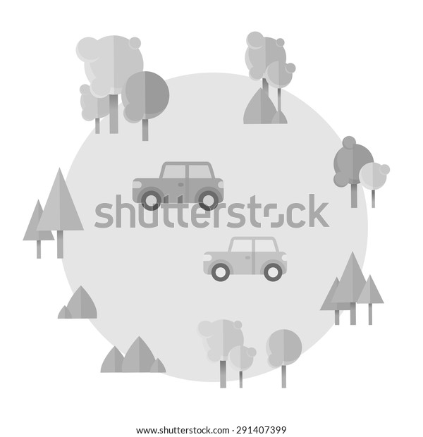 Flat cartoon cards with cars and forest icons\
on a circle background