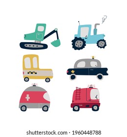 flat cartoon cars vector set isolated on white background. Excavator, police car, ambulance, tractor, fire truck, taxi, ambulance.