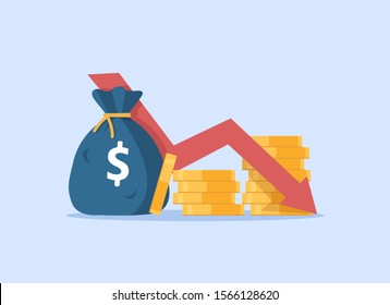 flat cartoon cash with down arrow stocks graph,investment expenses, bad economy reduction,Money loss svg