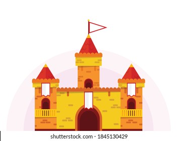 Flat cartoon castle of yellow and red color on isolated background, vector illustration
