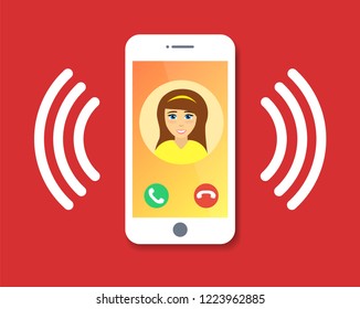 Flat cartoon cellphone call with contact info on display, ring of phone icon. Avatar human. Vector illustration.