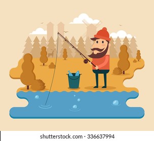 Flat Cartoon Character Fishing Near the Forest. Trees and Clouds on the Background. Colorful Vector Illustration