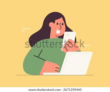Flat cartoon character illustration using a smartphone and laptop computer. Digital technology, online communication and modern lifestyle concept.