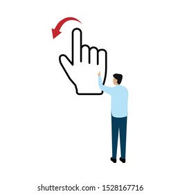 Flat cartoon character isolated on white background. Flick left line Icon. Hand click. Mobile concept and web design