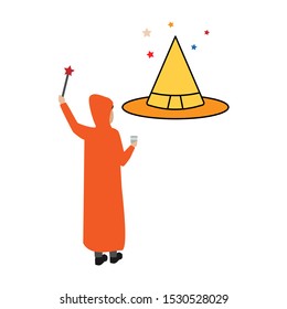 Flat cartoon character isolated on white. Halloween witch hat outline stars