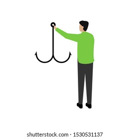 Flat cartoon character isolated on white. Fishing hook vector