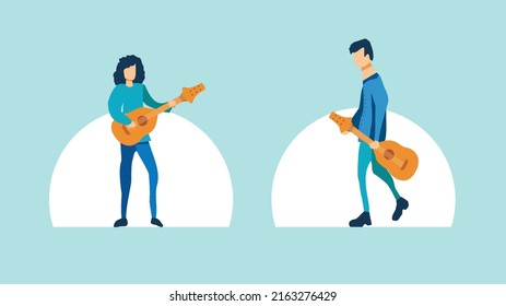 flat cartoon character of man with guitar