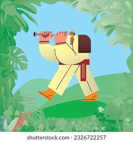 Flat cartoon character of man in traditional hutsul clothes playing flute in the forest, vector illustration