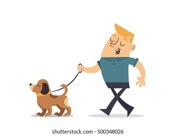 Flat Cartoon Character. Man Walking with His Dog. Vector Illustration