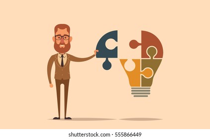Flat Cartoon Character. Office Worker with Puzzle. Vector Illustration