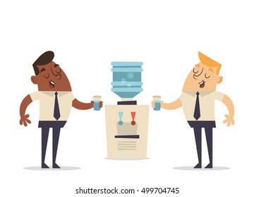 Flat Cartoon Character. Office Workers Talking And Drinking Water. Vector Illustration