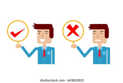  Flat Cartoon Character, Office Workers Holding Right and Wrong Signs. Vector Illustration