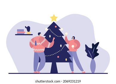 Flat cartoon character preparing for holidays decorating Christmas tree vector illustration.