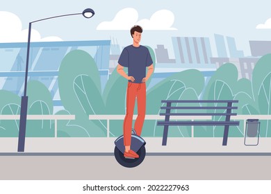 Flat cartoon character rides electric unicycle on road.Young stylish man riding modern self-balancing personal transporter.Web online banner design,city life scene,social story concept