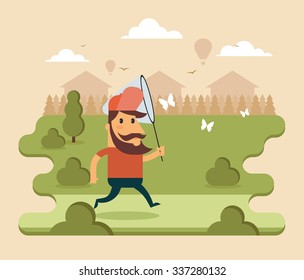 Flat Cartoon Character Running with the Butterflies. Houses and Trees on the Background. Colorful Vector Illustration