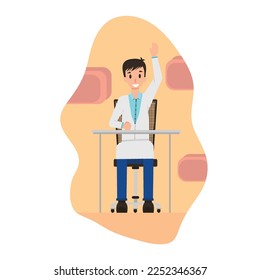 flat cartoon character of Science researching lab raise hand while sit in the chair